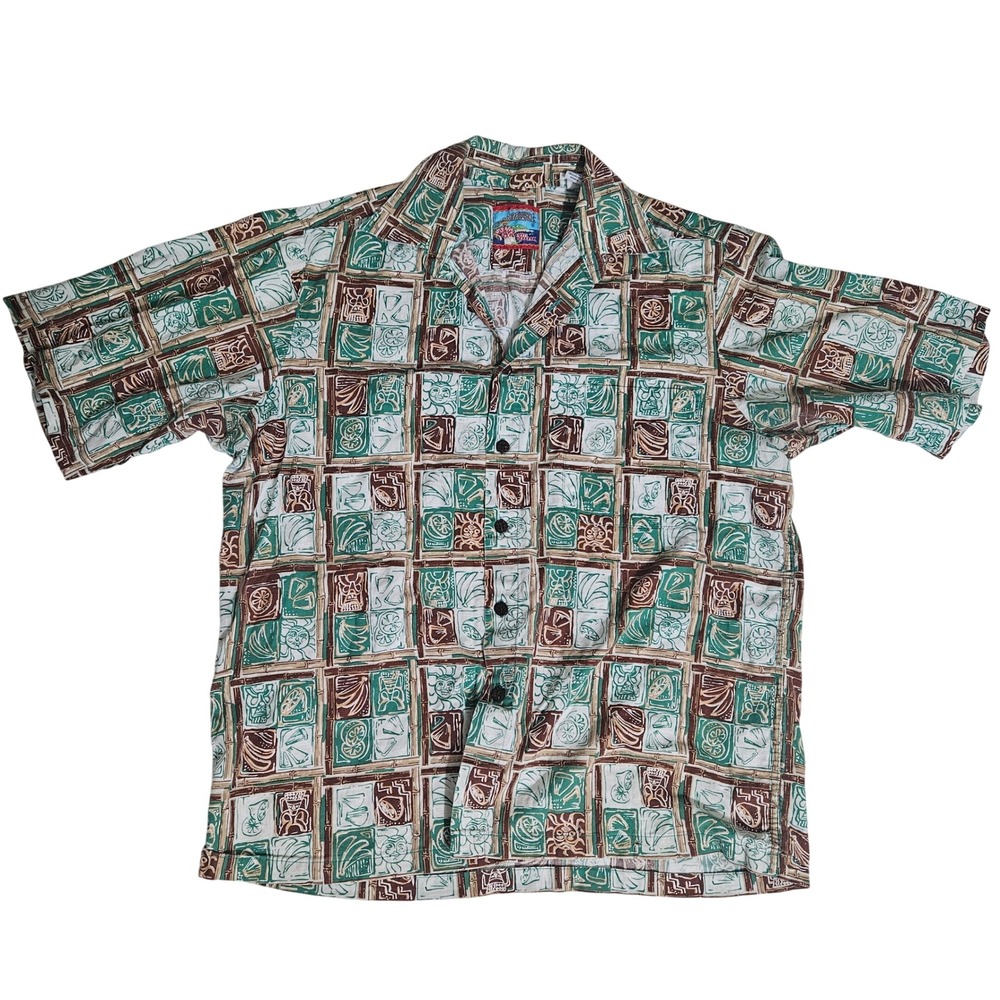 Reyn Spooner Kahala Mens Small Green Tiki Tropical Fruit Cotton Aloha Shirt